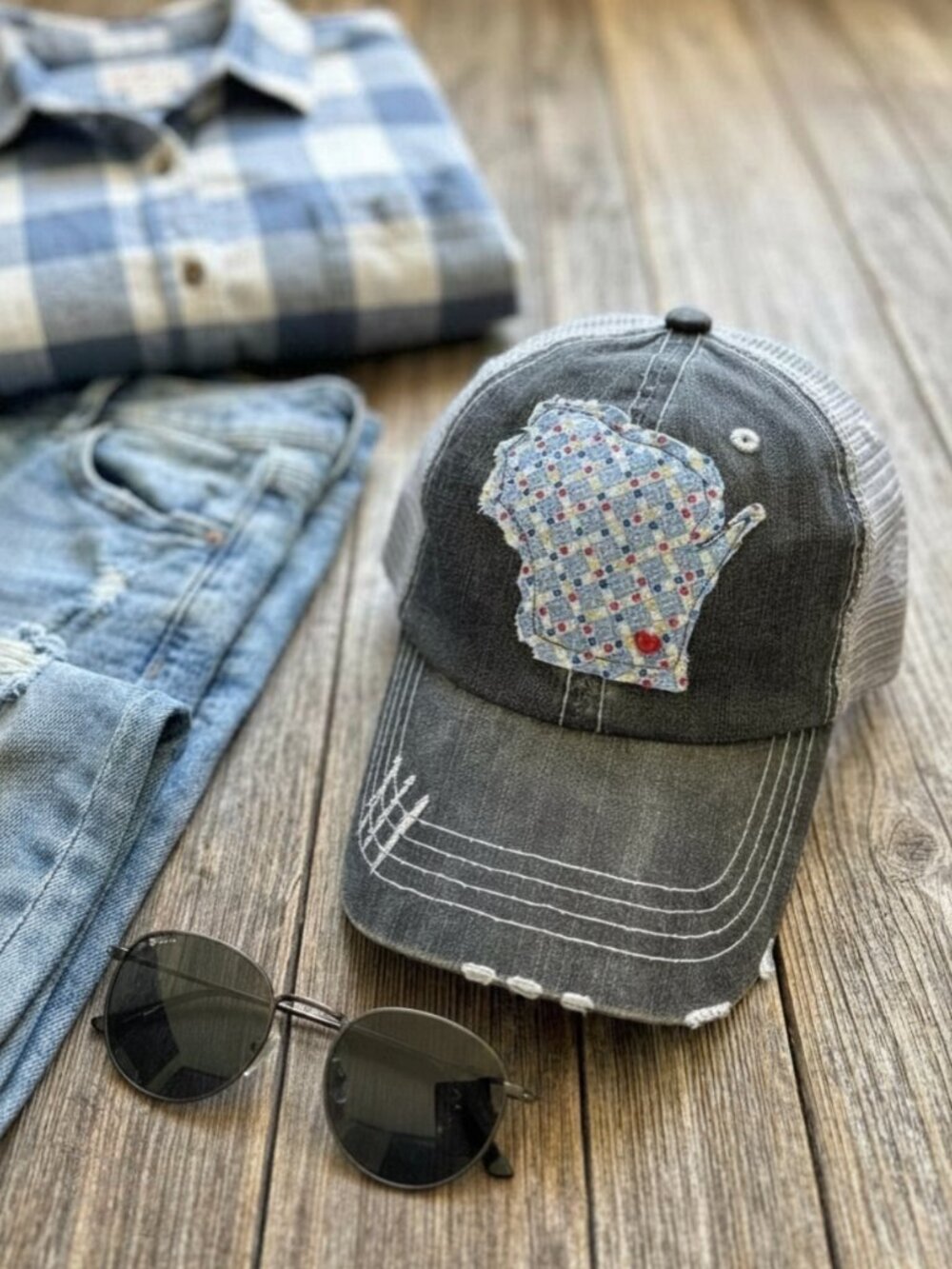 Vintage Style Wisconsin Trucker Hat with Distressed Brim and Patch